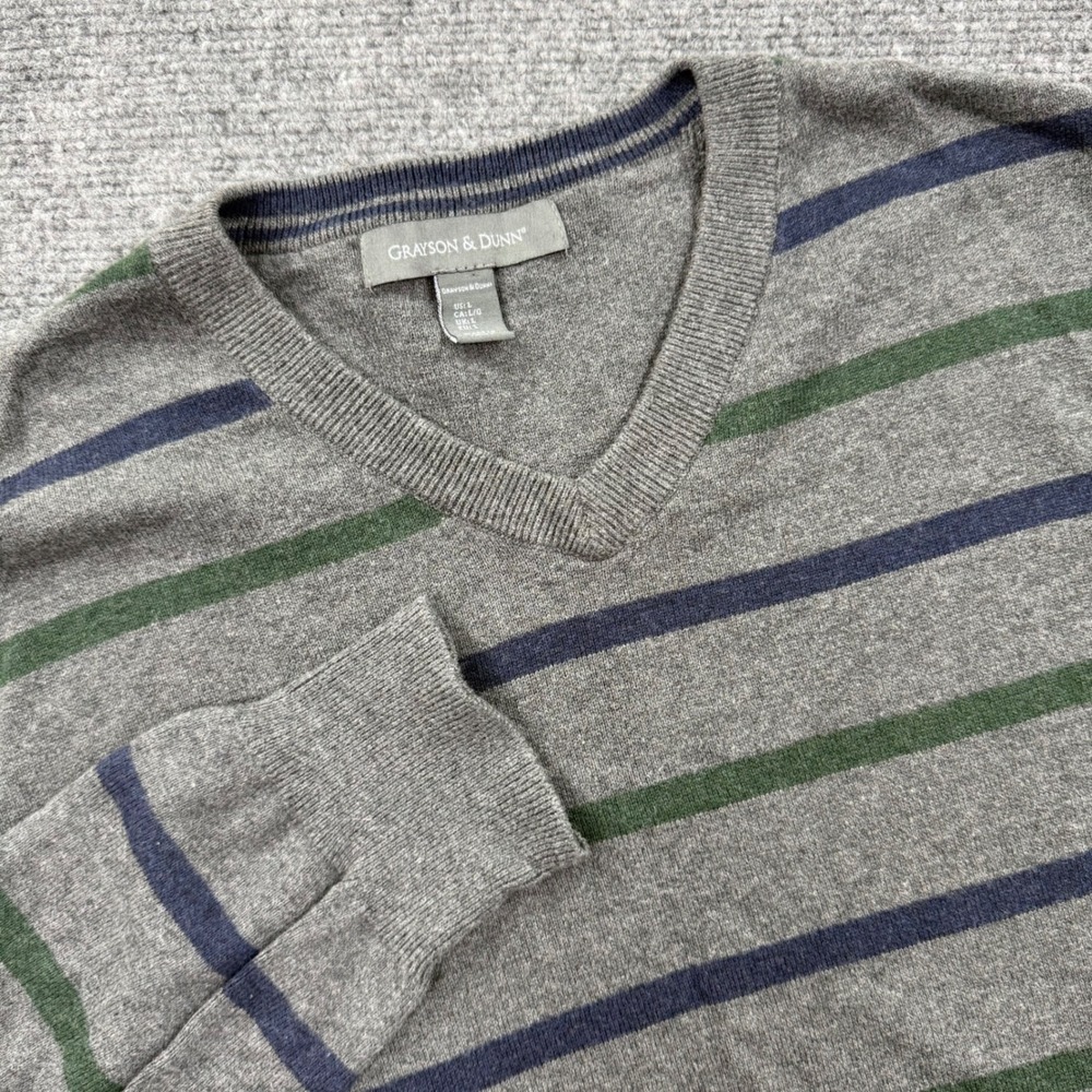 Grayson & Dunn V-Neck Sweater Large Gray‎ Striped Cotton Pullover Mens
